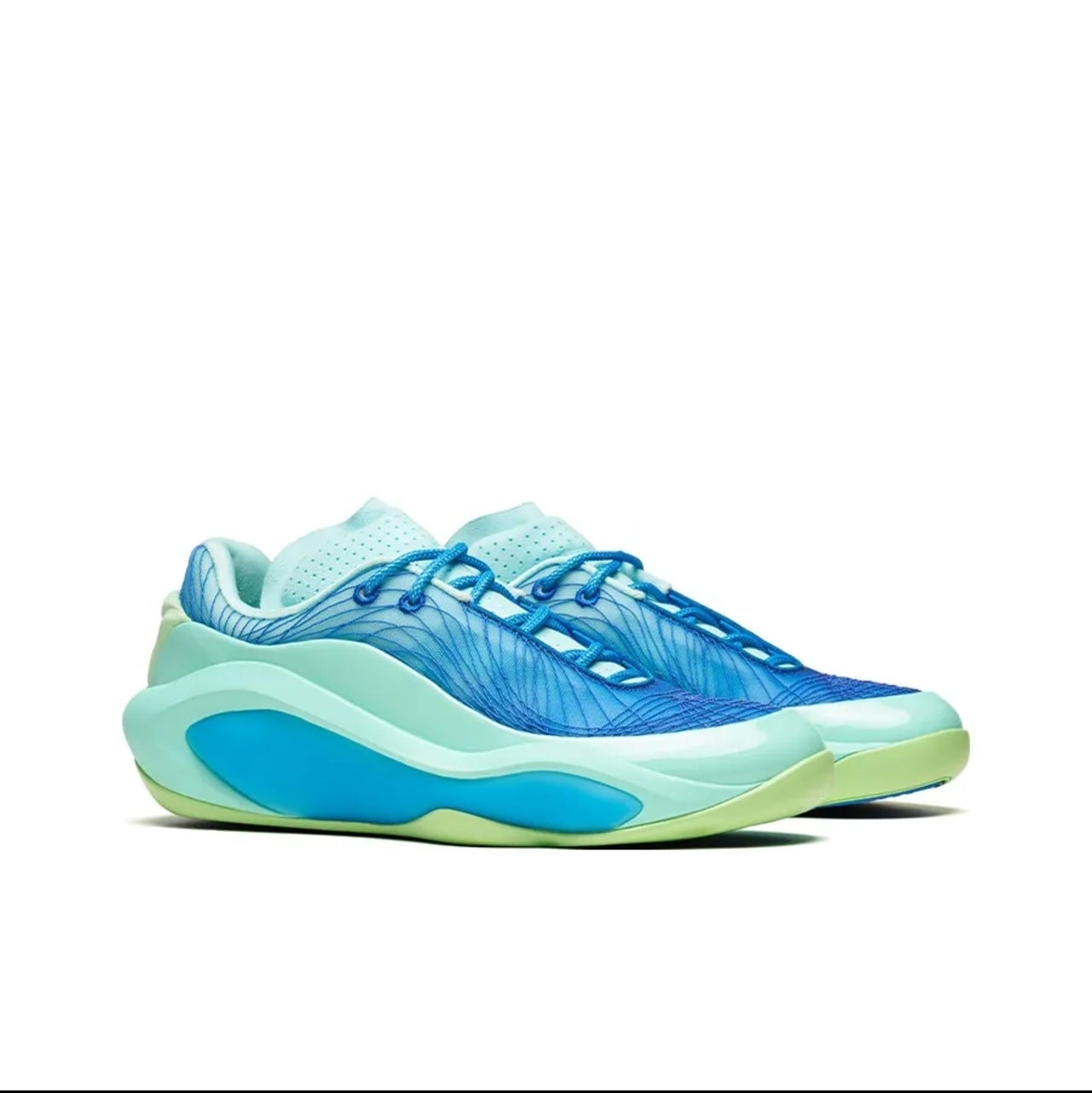 A blue and light blue athletic sneaker with a light green sole, shown on a white background within a mobile app screenshot.