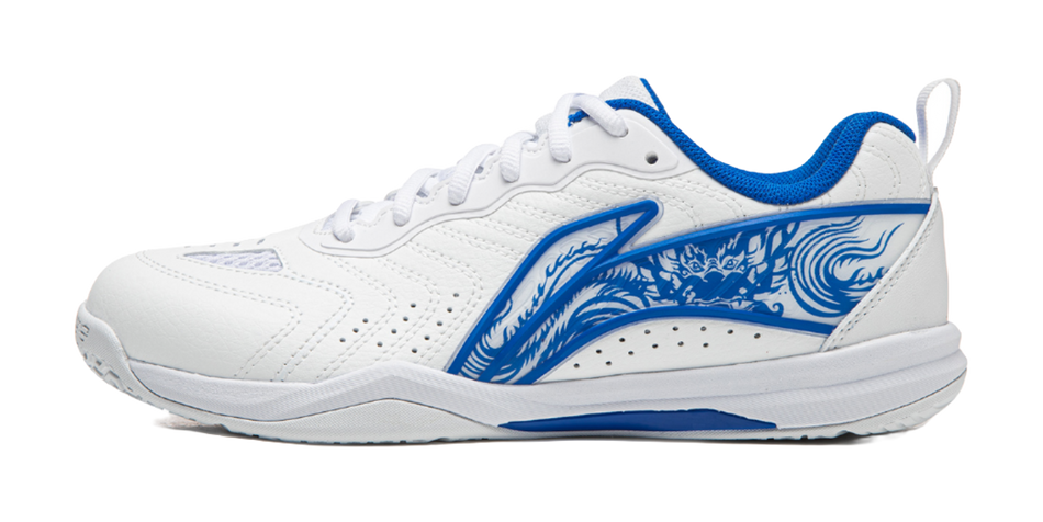 White and blue unisex table tennis shoe, side view with lace-up closure