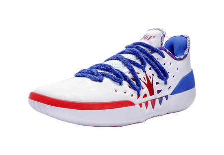 White low-top basketball shoe with blue laces and side blue panel, red outsole edge