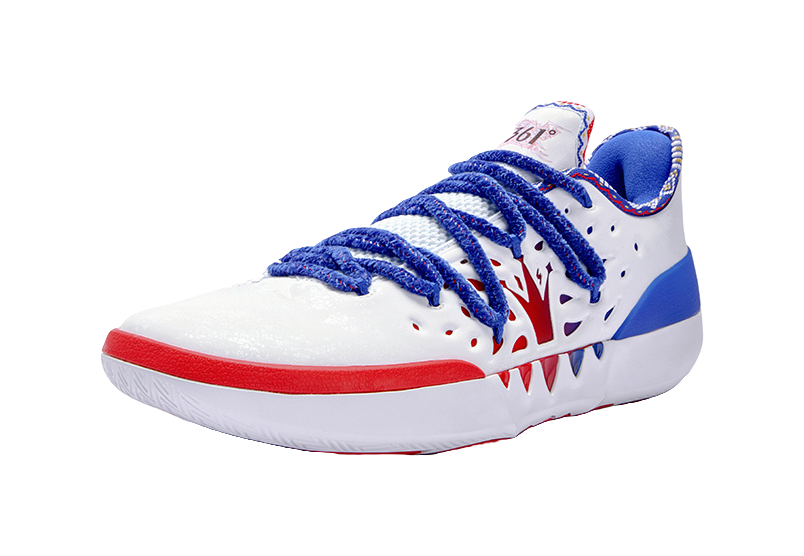 White low-top basketball shoe with blue laces and side blue panel, red outsole edge