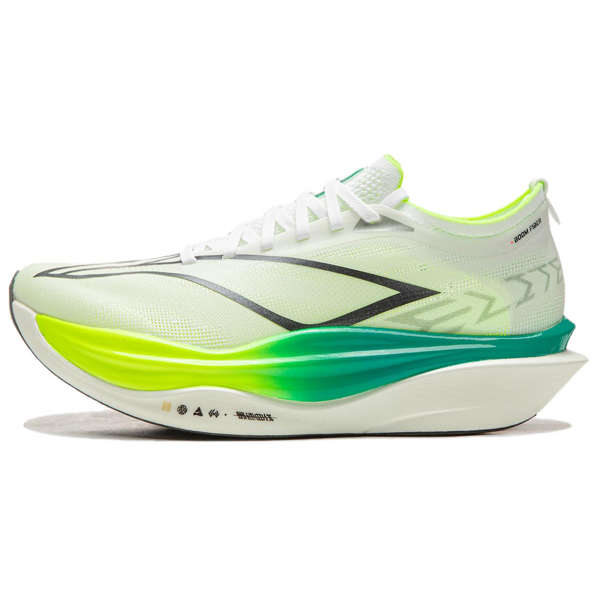 White and green racing shoes with neon sole, knit upper, lace-up.