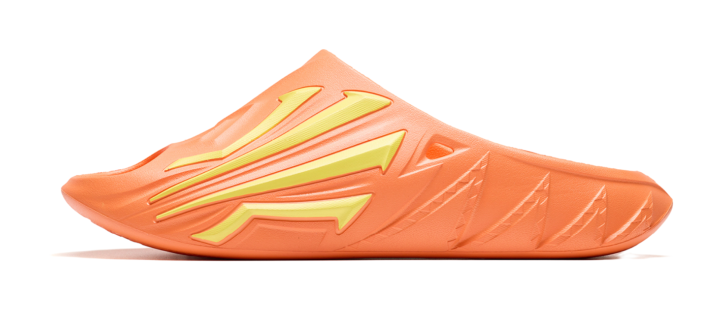 Men's slide slippers in fluorescent apricot orange with fluorescent kiwi yellow logo straps