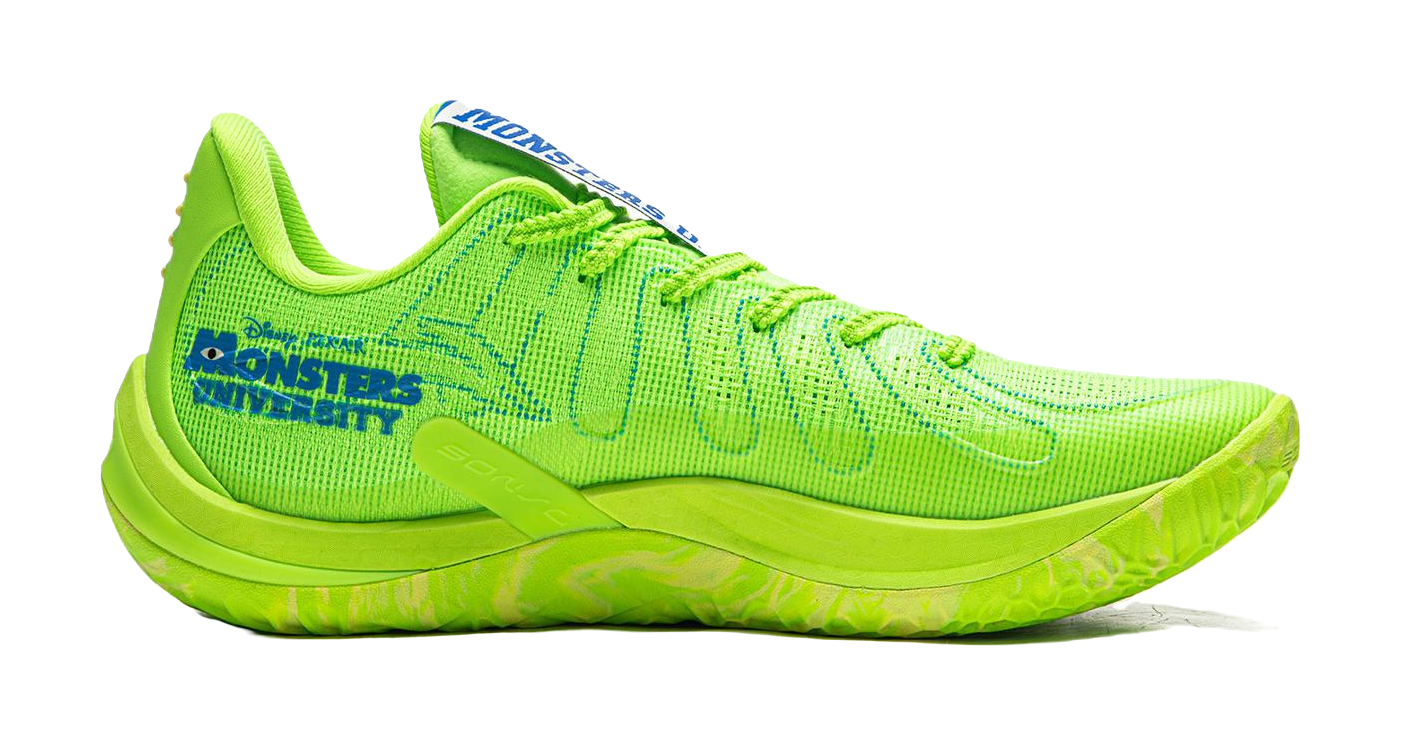 Green basketball shoe side view with patterned mesh upper and thick sole