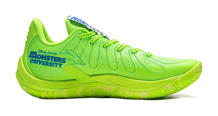 Green basketball shoe side view with patterned mesh upper and thick sole