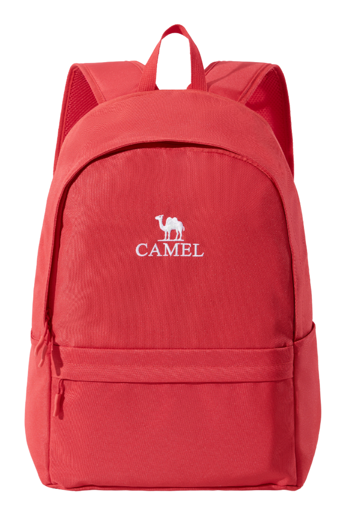 Red outdoor backpack with front zip pocket and top handle, CAMEL logo.