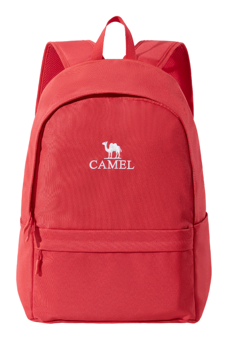 Red outdoor backpack with front zip pocket and top handle, CAMEL logo.