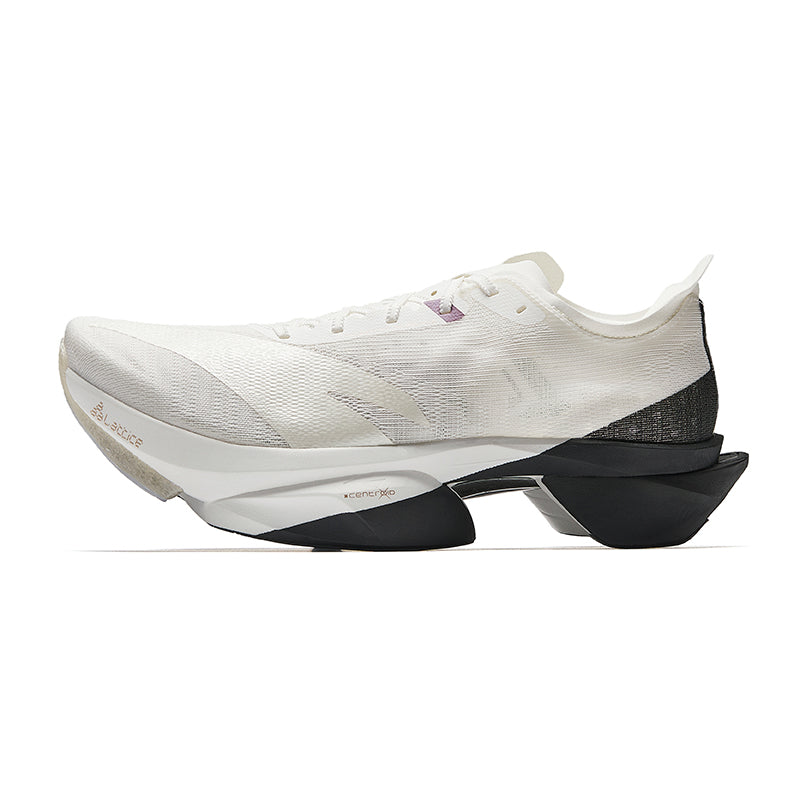 Unisex running shoes in white knit with black midsole and outsole, side view.