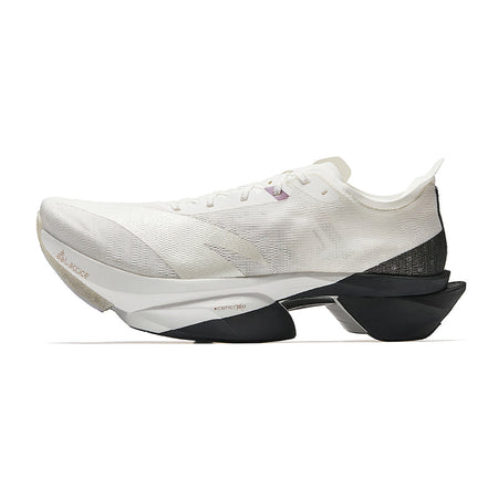 Unisex running shoes in white knit with black midsole and outsole, side view.