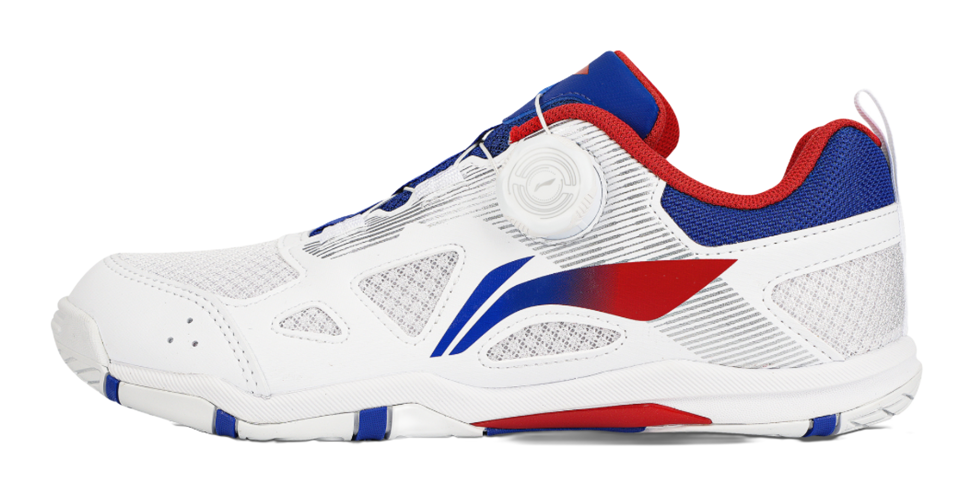 Table tennis shoe in white with blue and red accents, low-profile side view