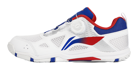 Table tennis shoe in white with blue and red accents, low-profile side view