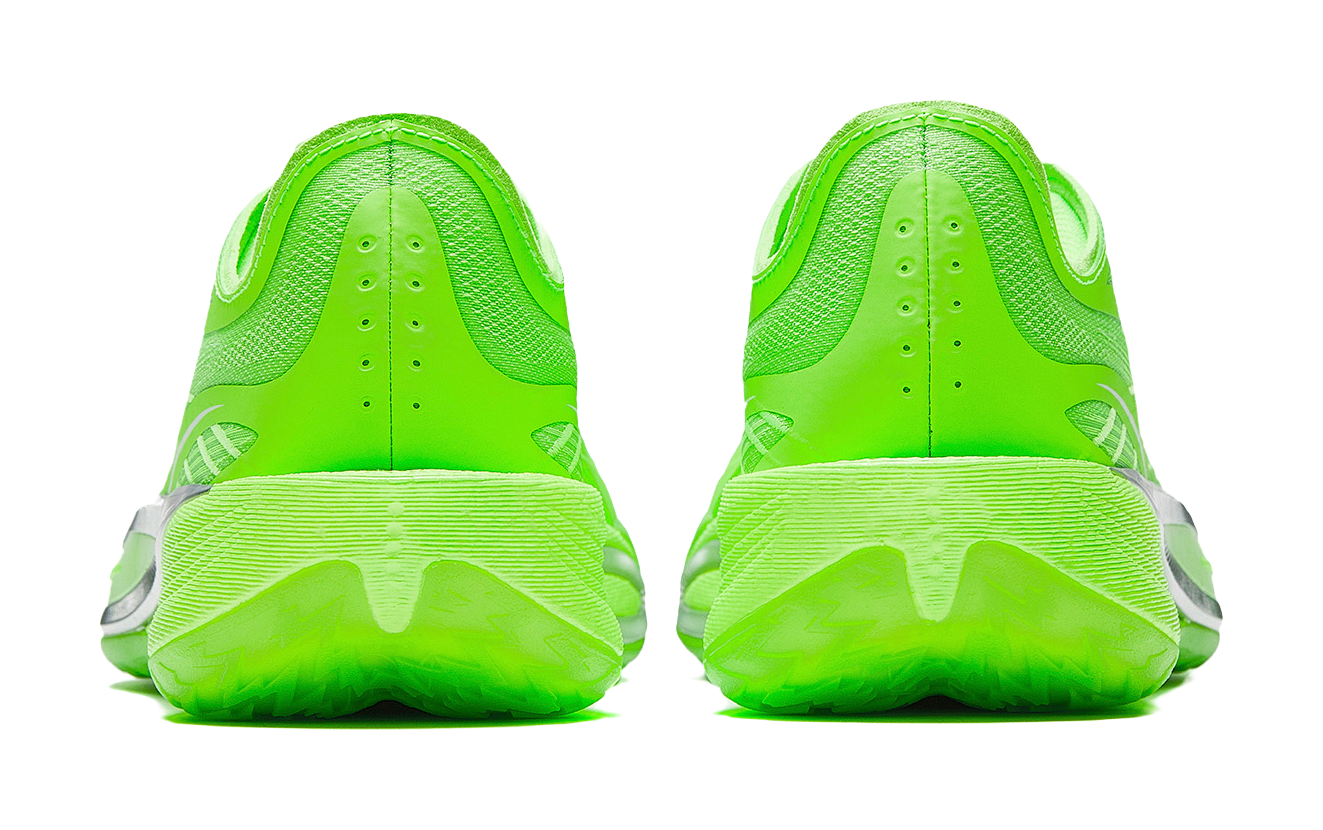Fluorescent green low-top basketball shoes, back view with heel cushioning and lace loops