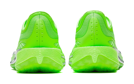 Fluorescent green low-top basketball shoes, back view with heel cushioning and lace loops