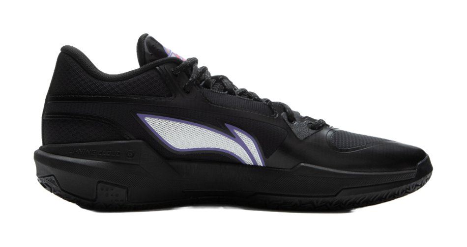 Black mid-top basketball shoes with purple-accent side stripe and lace-up design