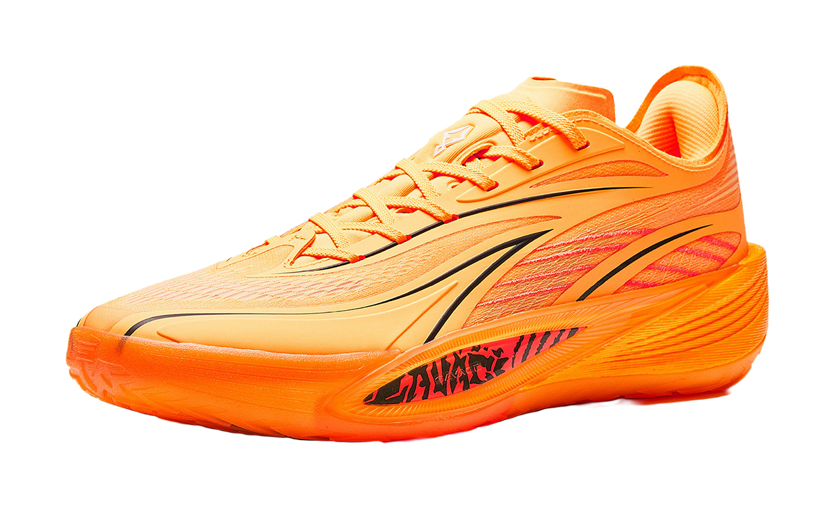 Anta Crazy 5 low-top basketball shoe, orange and yellow mesh upper with lace-up closure