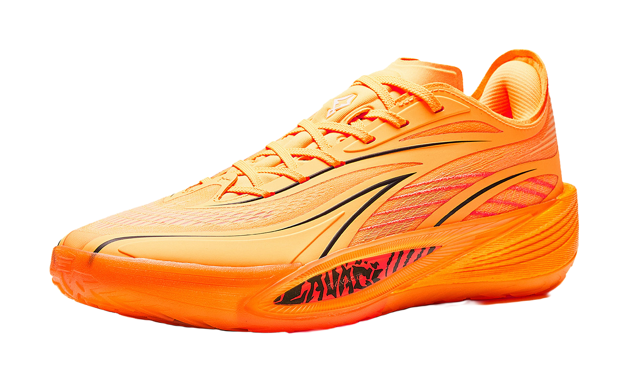 Anta Crazy 5 low-top basketball shoe, orange and yellow mesh upper with lace-up closure
