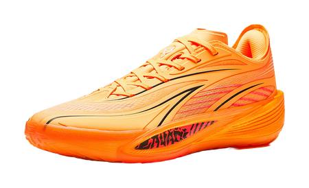 Anta Crazy 5 low-top basketball shoe, orange and yellow mesh upper with lace-up closure