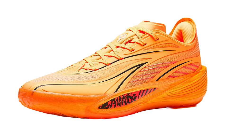 Anta Crazy 5 low-top basketball shoe, orange and yellow mesh upper with lace-up closure