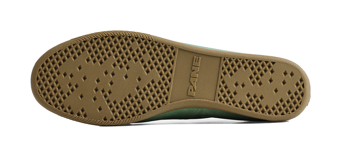 Rubber outsole with PANE logo and diamond tread pattern for grip