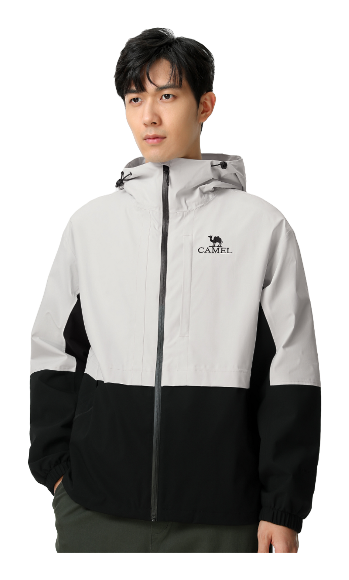 Men's white and black windbreaker jacket with hood, full-zip, and side pockets