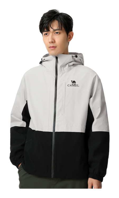 Men's white and black windbreaker jacket with hood, full-zip, and side pockets
