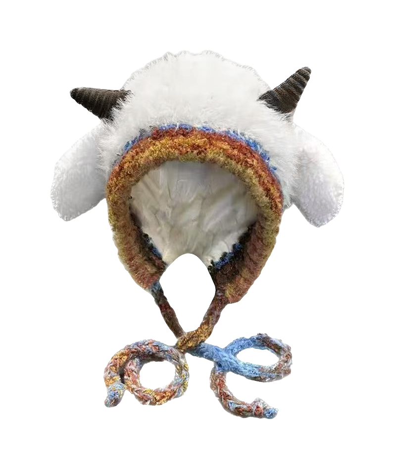 [Little Sheep Horn] IOTS will squeak when pinching the ears! Warm autumn and winter, soft and cute rainbow, dopamine cooling and windproof drawstring, double-layer cute and warm cartoon, niche polyester fiber woolen hat, unisex, couple style  vjsneaker.com