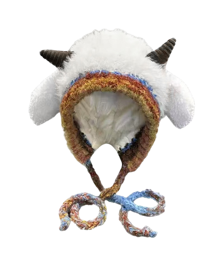 [Little Sheep Horn] IOTS will squeak when pinching the ears! Warm autumn and winter, soft and cute rainbow, dopamine cooling and windproof drawstring, double-layer cute and warm cartoon, niche polyester fiber woolen hat, unisex, couple style  vjsneaker.com