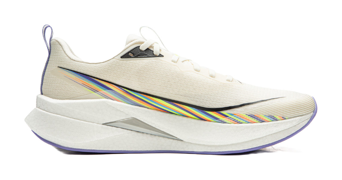 White running shoe side view with multicolor stripe and blue-toned outsole