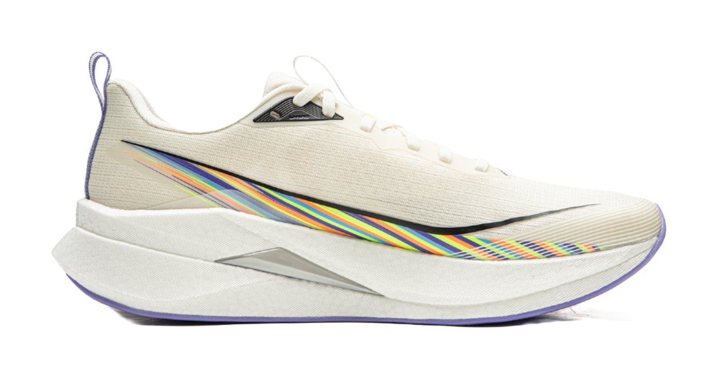 White running shoe side view with multicolor stripe and blue-toned outsole