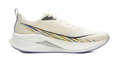 White running shoe side view with multicolor stripe and blue-toned outsole