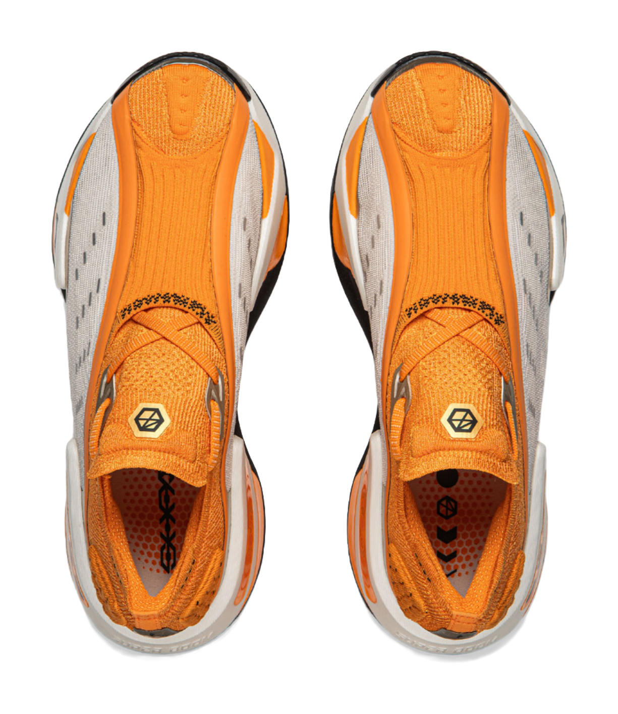 Pair of orange Li-Ning Shadow lace-up running shoes with textured knit uppers and white panels