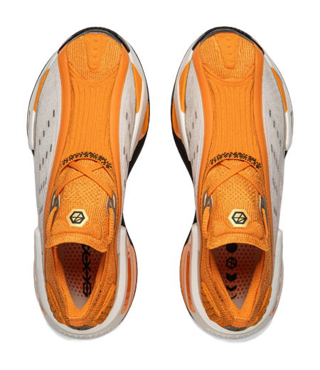 Pair of orange Li-Ning Shadow lace-up running shoes with textured knit uppers and white panels