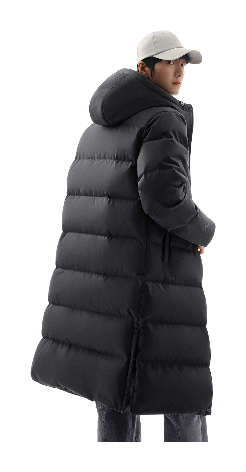 Unisex black hooded long down puffer jacket, front-side view