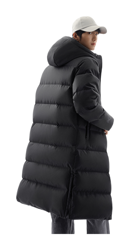 Unisex black hooded long down puffer jacket, front-side view