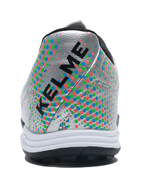 Silver unisex TF turf soccer shoe, back view with KELME lettering and multicolor dots