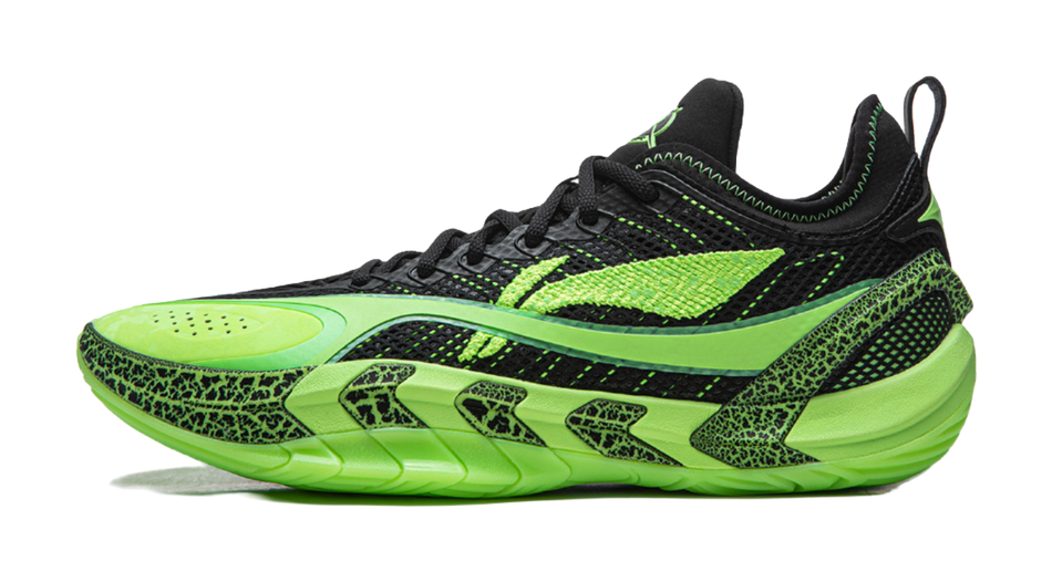 Men's low-top basketball shoes in black with fluorescent green accents, lace-up.