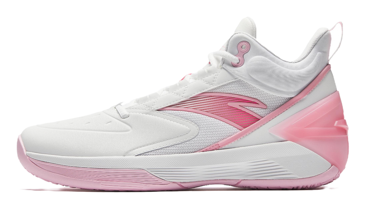 White and pink high-top basketball shoes with lace-up closure and padded collar