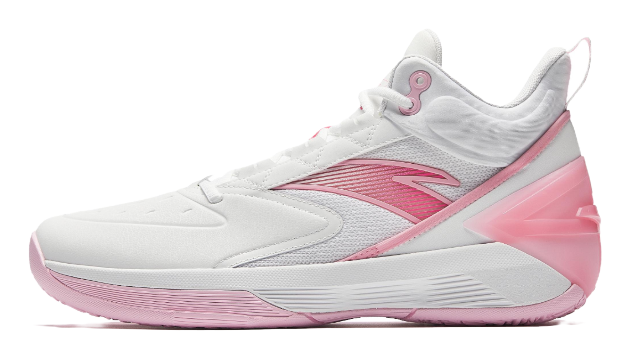 White and pink high-top basketball shoes with lace-up closure and padded collar