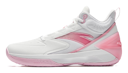 White and pink high-top basketball shoes with lace-up closure and padded collar