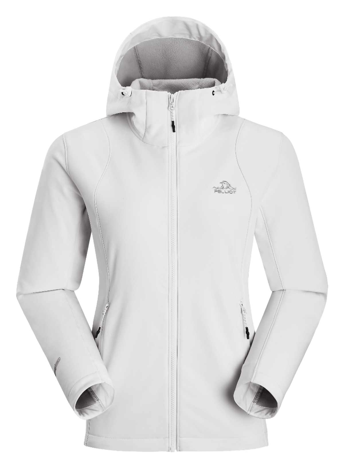 Women’s pearl white soft shell jacket with full-zip hood and long sleeves, front pockets