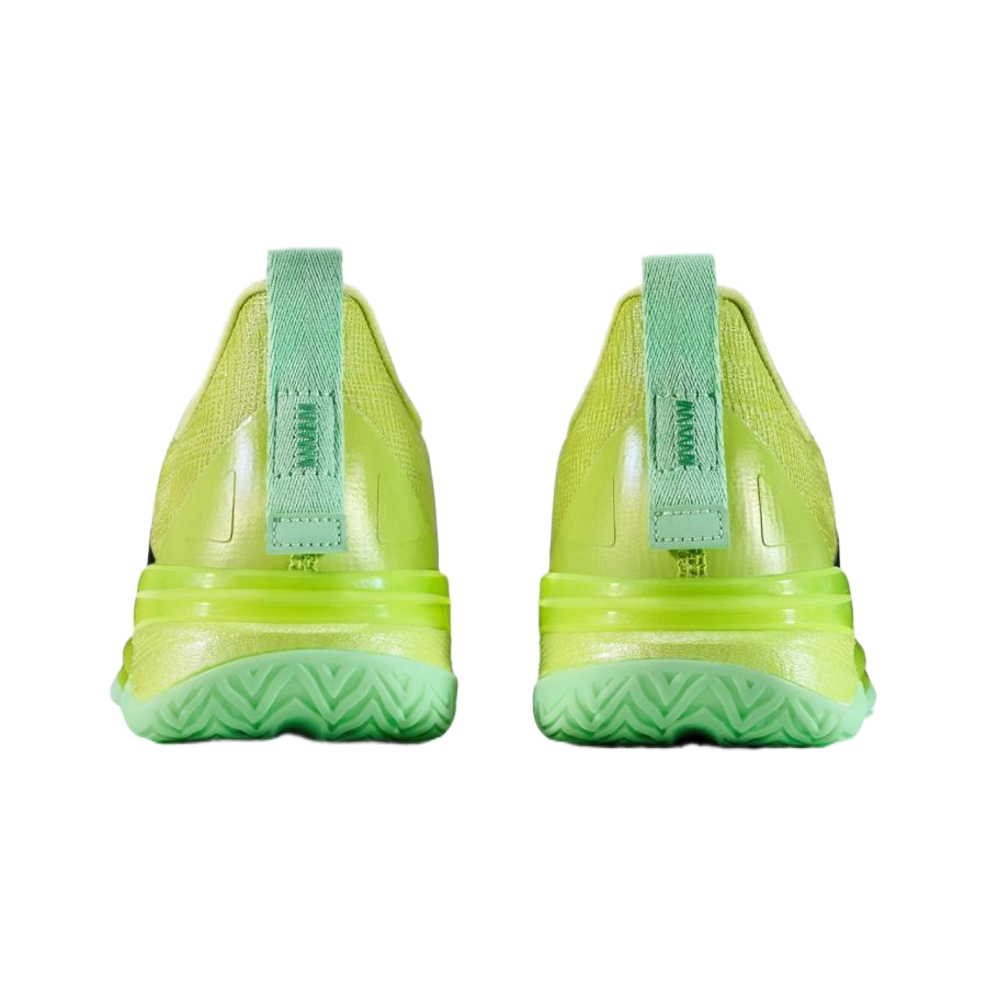 Lime-green basketball shoes back view with light blue pull tab and heel counter