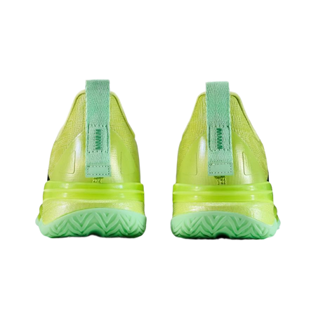 Lime-green basketball shoes back view with light blue pull tab and heel counter