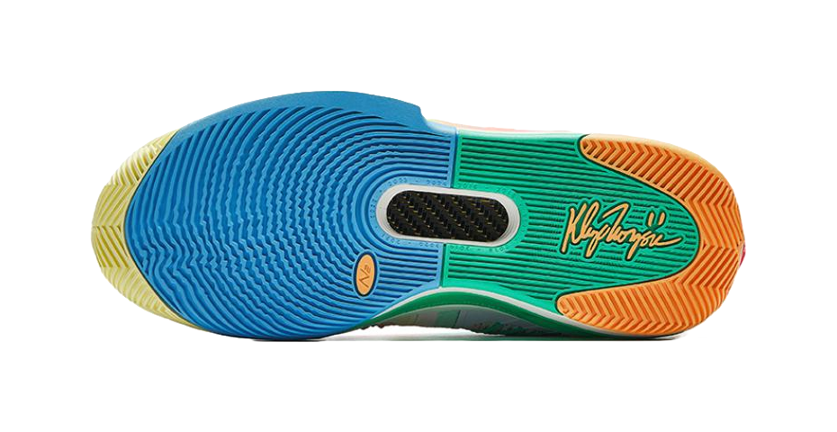 Basketball shoe outsole in blue with orange heel and green traction pattern