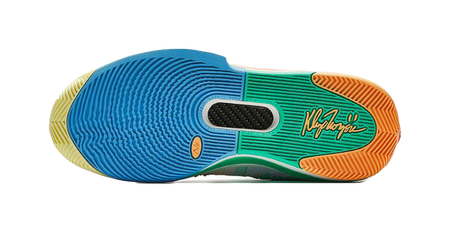 Basketball shoe outsole in blue with orange heel and green traction pattern