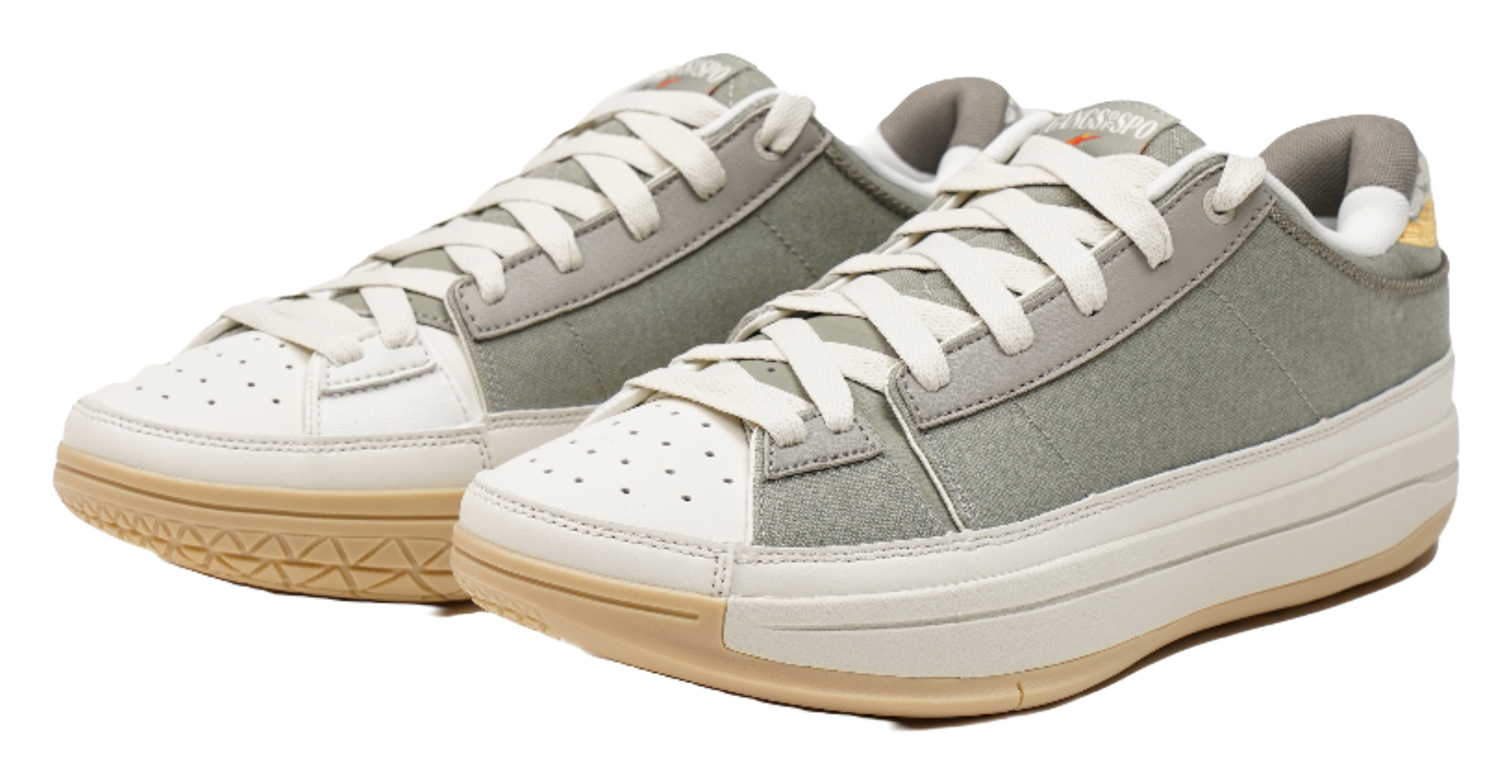 Pair of unisex basketball shoes, olive upper with white laces and gum outsole