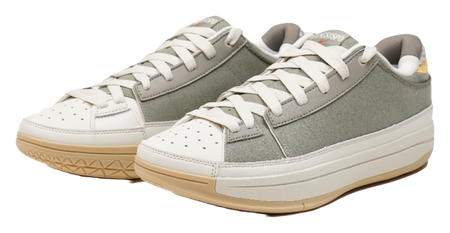 Pair of unisex basketball shoes, olive upper with white laces and gum outsole