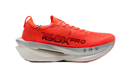 Women’s marathon racing shoe, orange knit upper with black/gray branding, thick midsole.