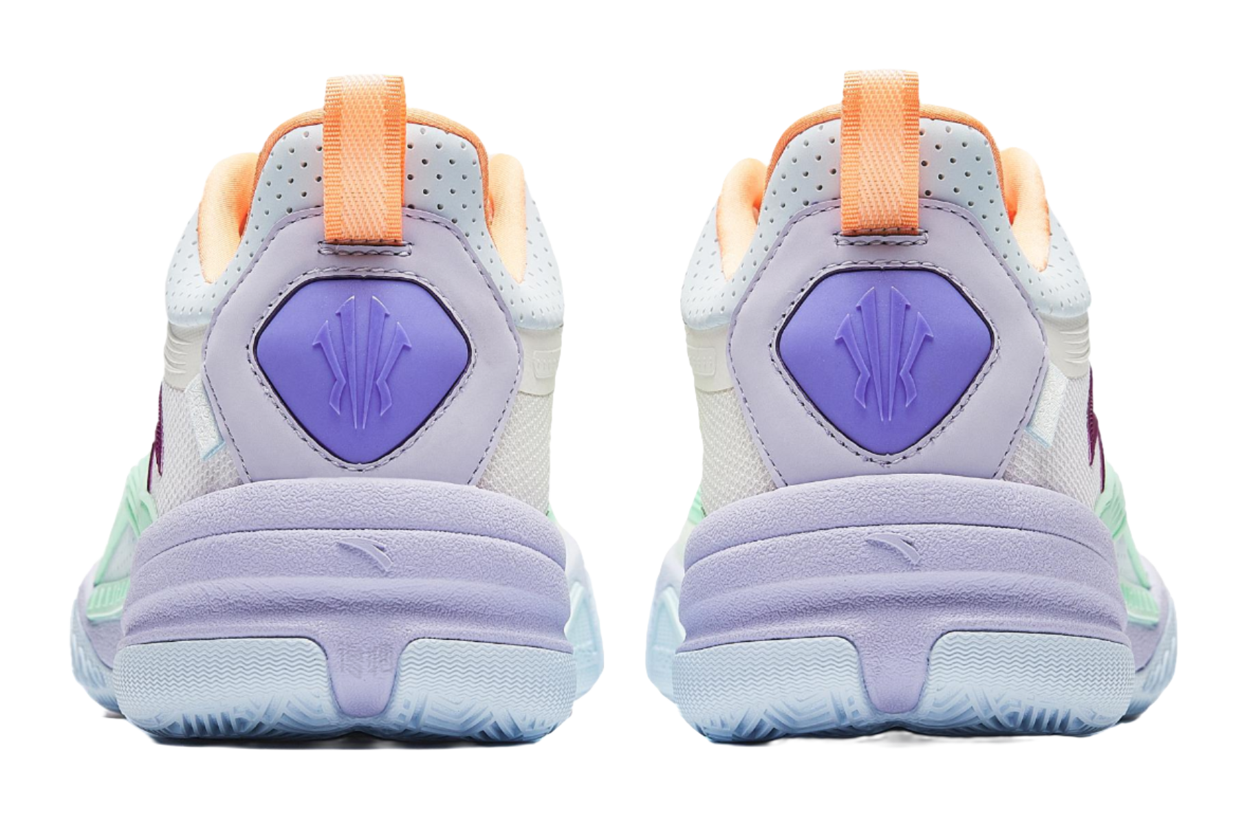 Pair of basketball shoes, lavender heel with logo patch, orange webbing pull, green trim