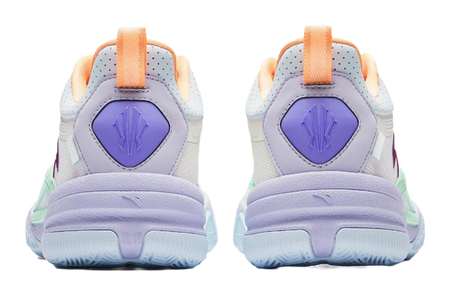 Pair of basketball shoes, lavender heel with logo patch, orange webbing pull, green trim