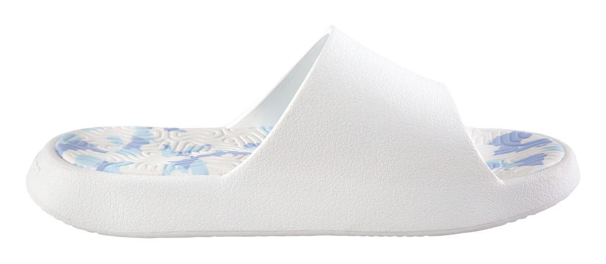 Unisex recovery slides with white textured upper and blue patterned footbed insets