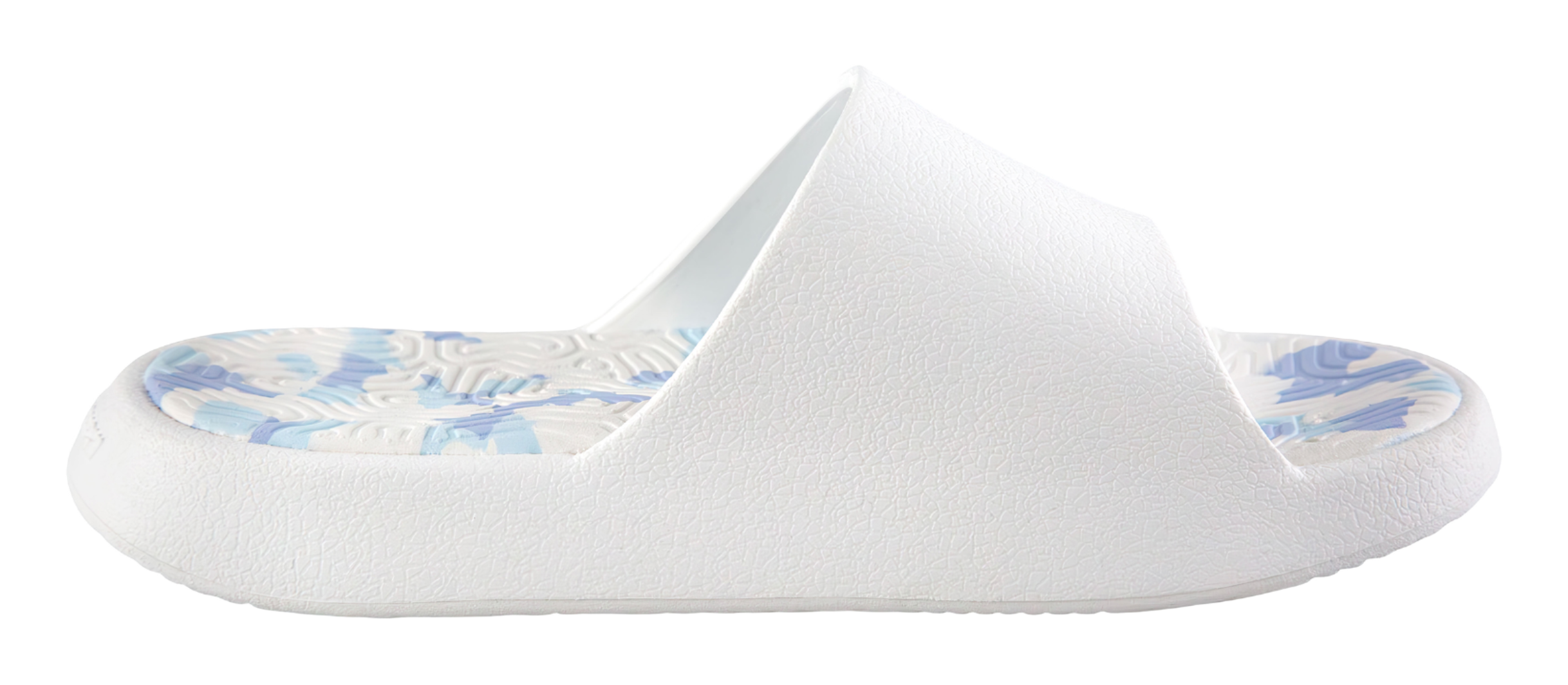 Unisex recovery slides with white textured upper and blue patterned footbed insets